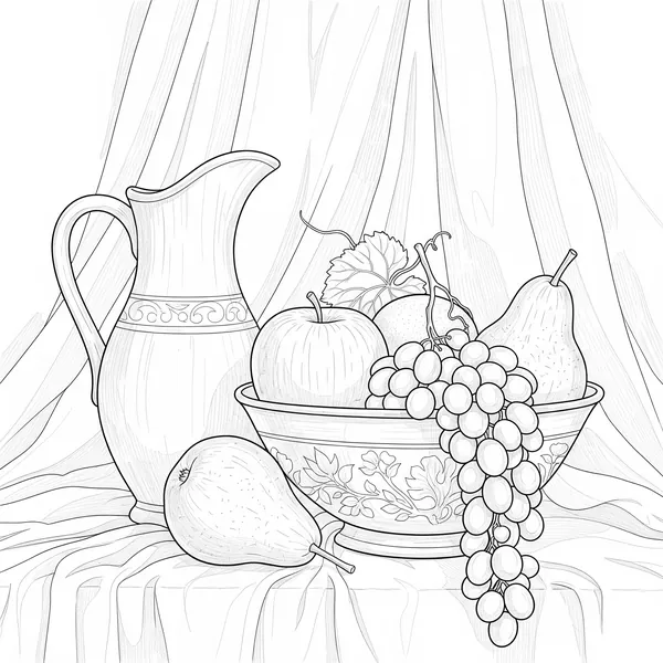 Still life composition with fruit, a pitcher and a cloth