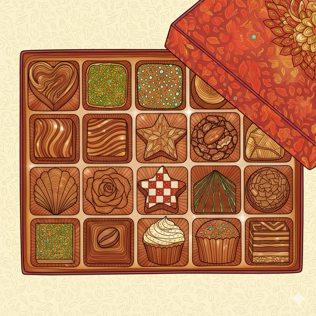 Caja de chocolates coloreada con diferentes tonos de marrón y blanco