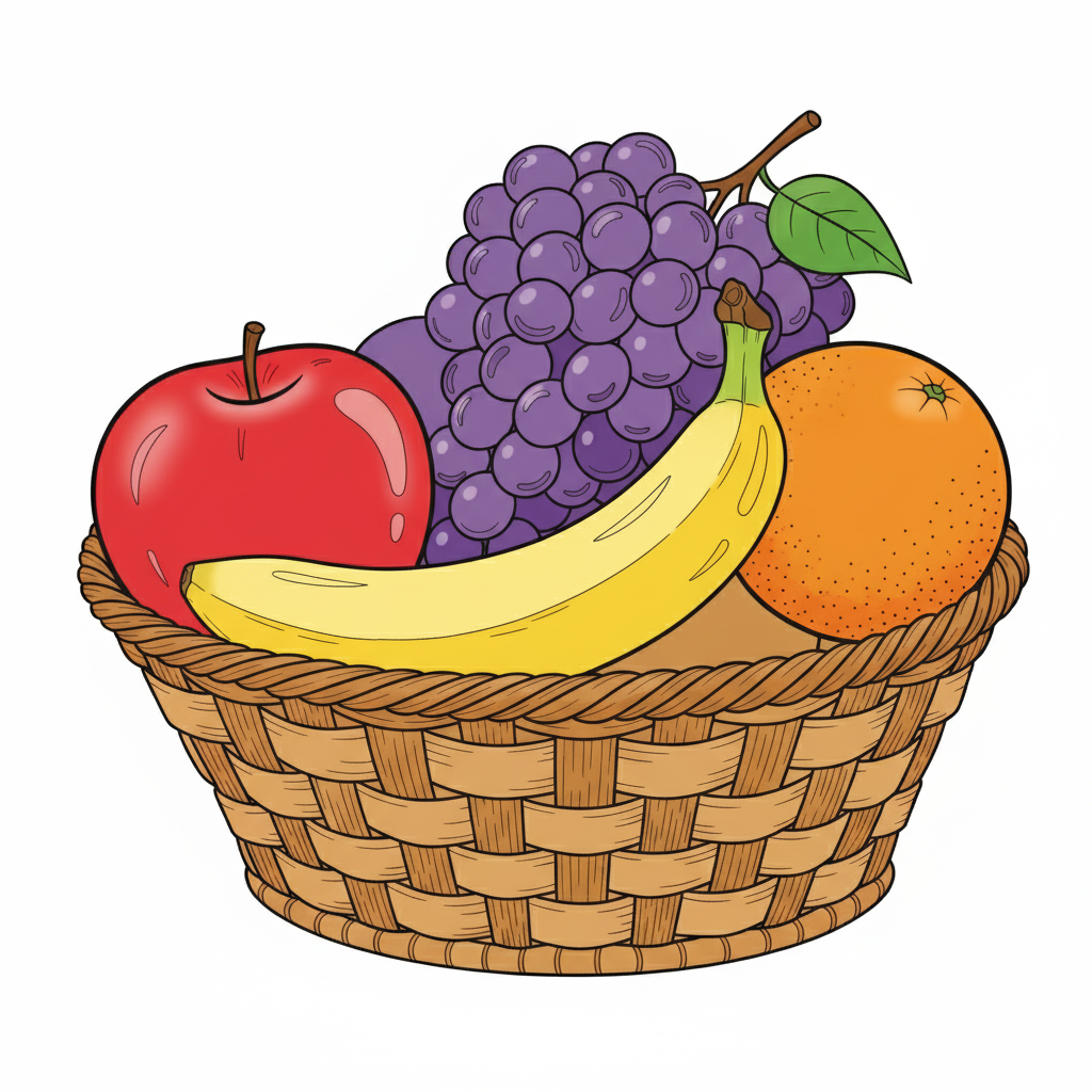 Canasta de frutas coloreada con frutas de colores vibrantes