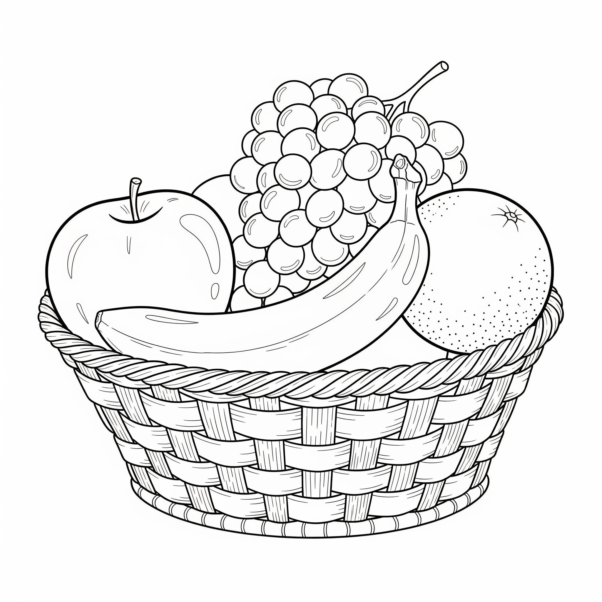 Canasta de mimbre llena de diferentes frutas para colorear