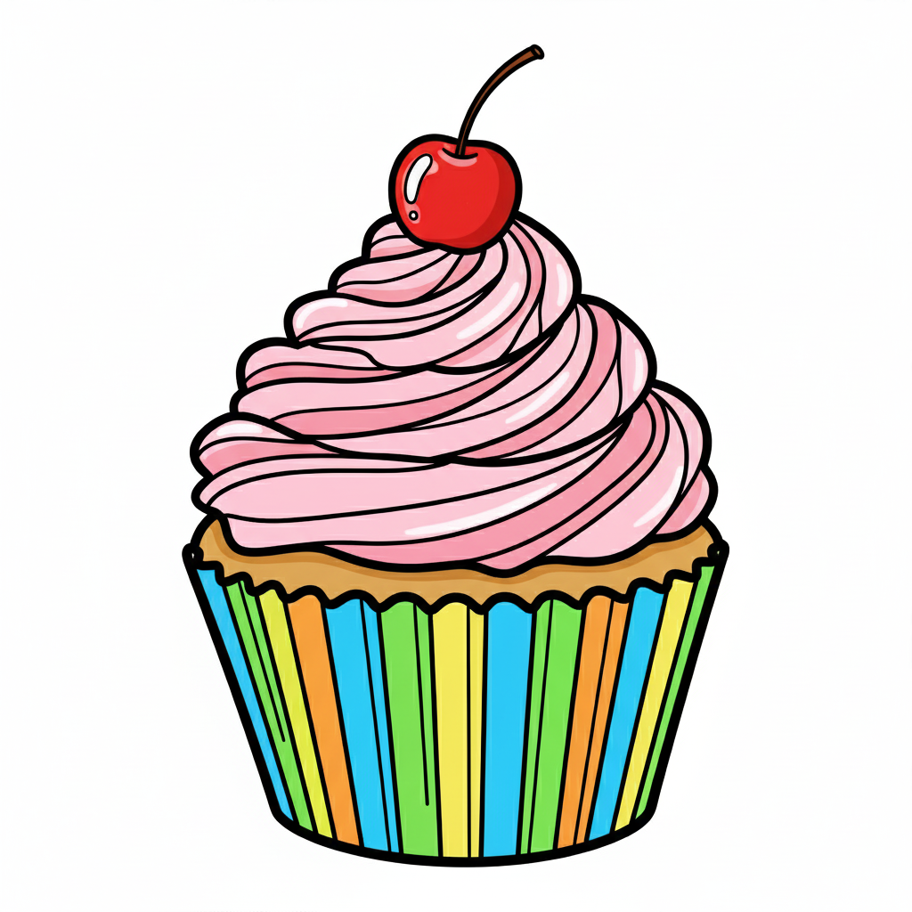 Cupcake coloreado con glaseado rosa, base marrón y cereza roja