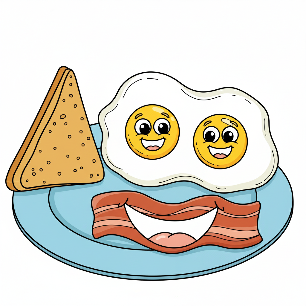 Desayuno coloreado con yemas amarillas, tocino rojizo y pan tostado