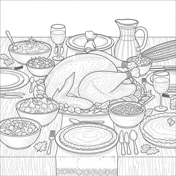 Detailed dinner table with a roast turkey and lots of side dishes