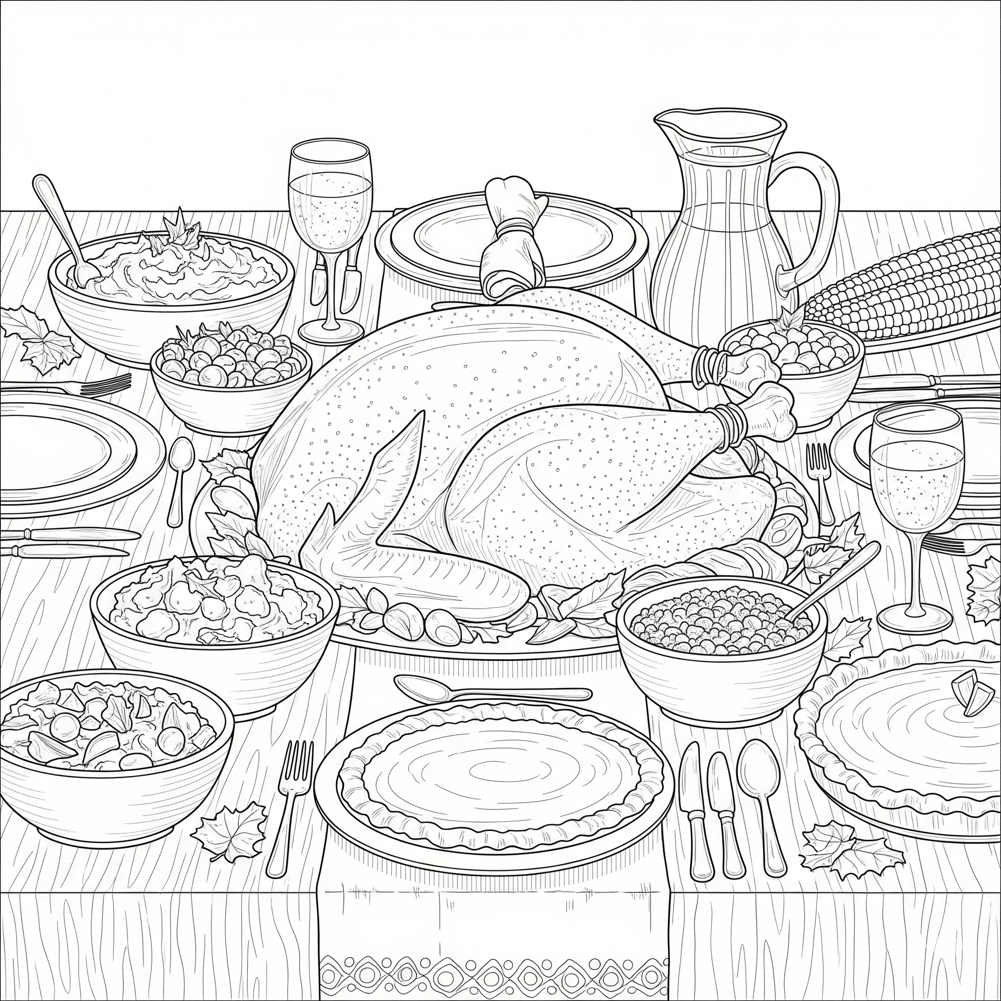 Mesa de cena detallada con un pavo asado y muchas guarniciones
