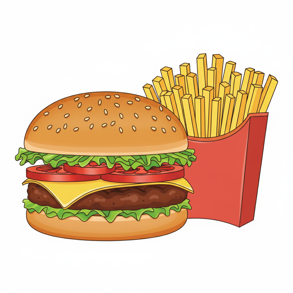Hamburguesa y papas coloreadas con colores realistas y apetitosos