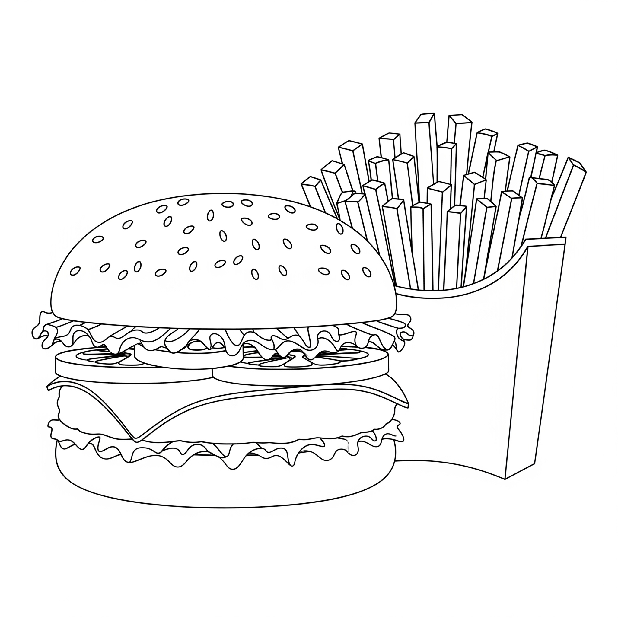 Hamburguesa con capas visibles y un recipiente de papas fritas