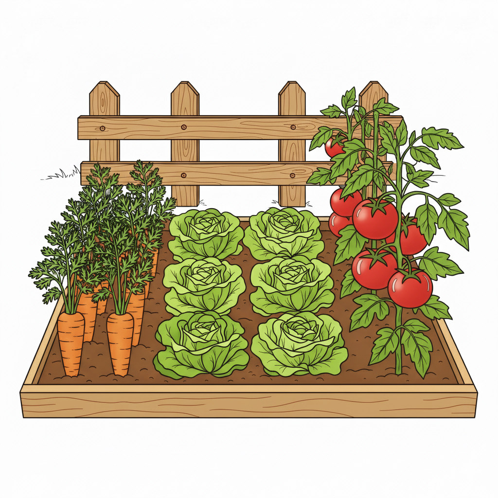 Huerto coloreado con verduras de colores vivos y tierra marrón