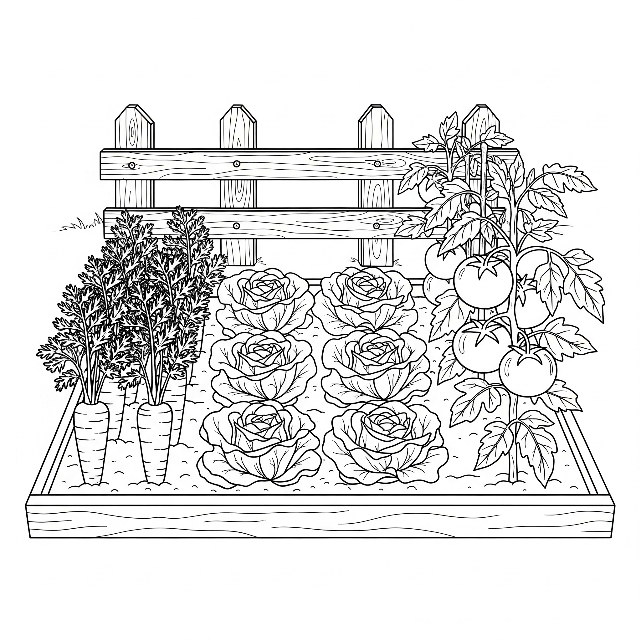 Huerto con hileras de zanahorias, lechugas y tomateras