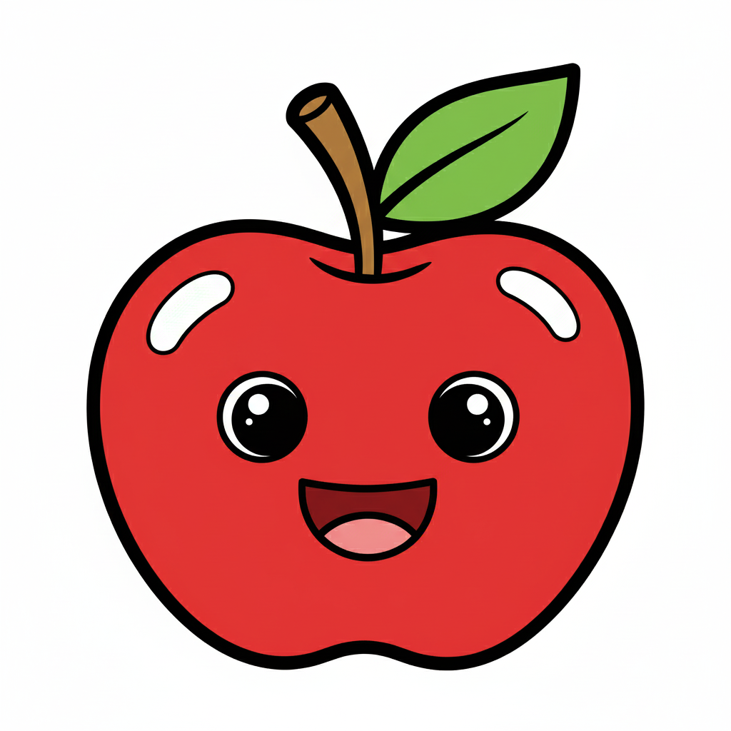 Manzana feliz coloreada de un rojo brillante con una hoja verde