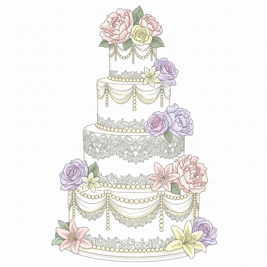 Pastel de bodas coloreado en tonos blancos y pastel con flores de colores
