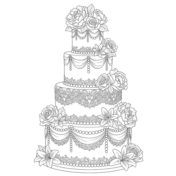 Multi-tier wedding cake with highly detailed flowers and patterns