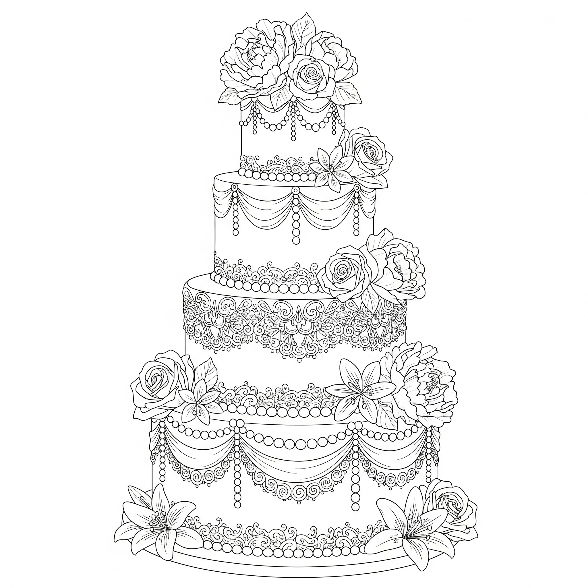 Pastel de bodas de varios pisos con flores y patrones muy detallados