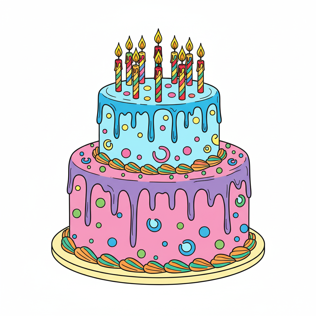 Pastel coloreado con glaseado de colores y velas encendidas