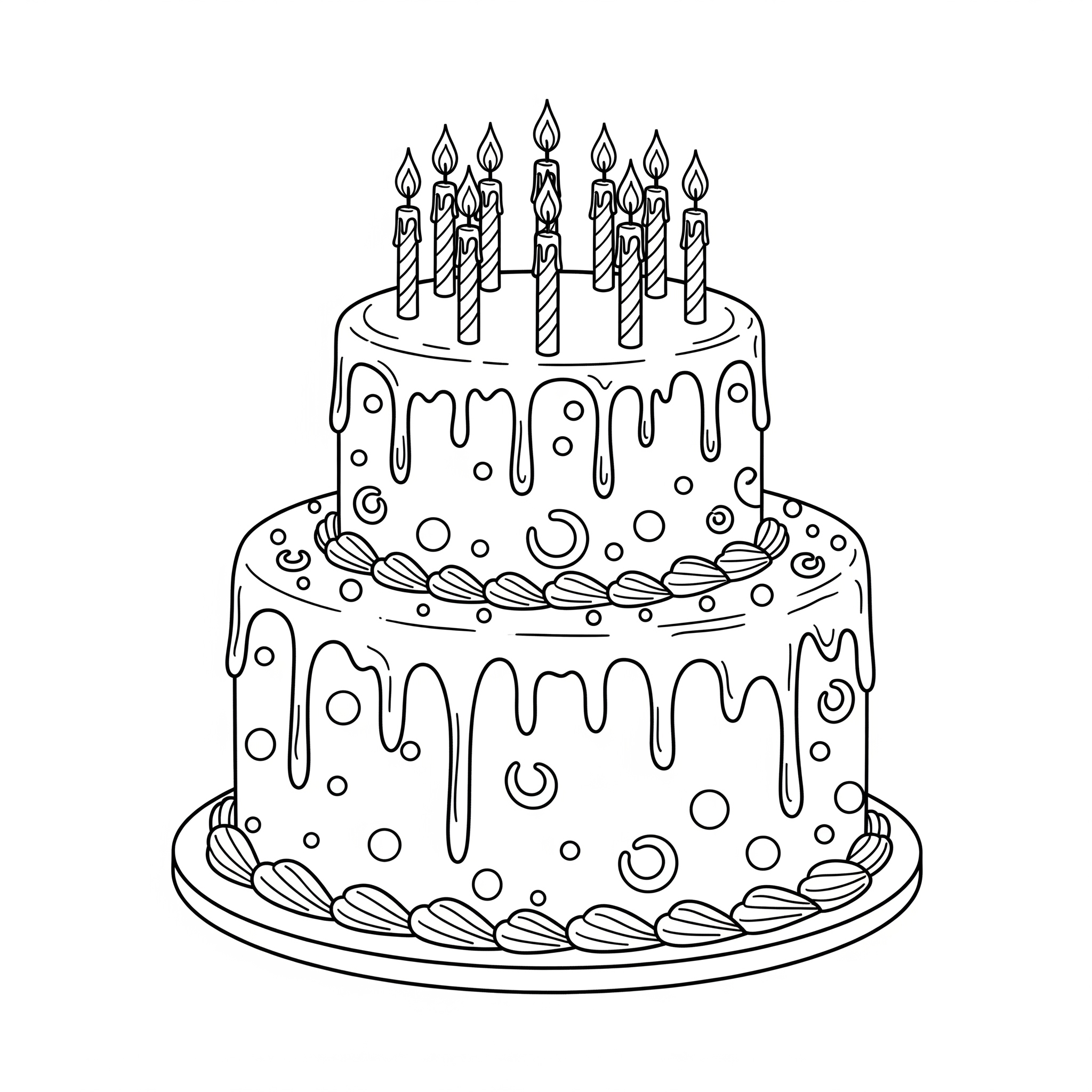 Pastel de cumpleaños de dos pisos con velas y decoraciones