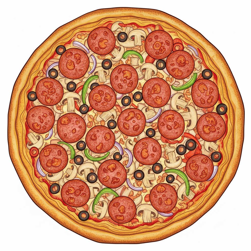 Pizza suprema coloreada con todos sus ingredientes de colores vivos