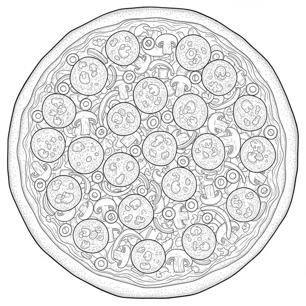 Pizza seen from above with a wide variety of detailed toppings