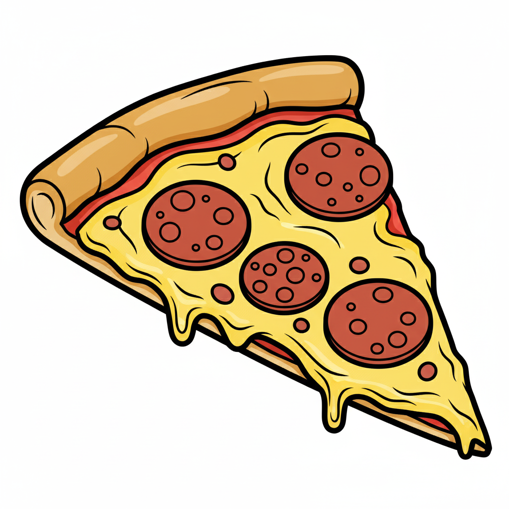 Pizza coloreada con queso amarillo, salsa roja y pepperoni rojo