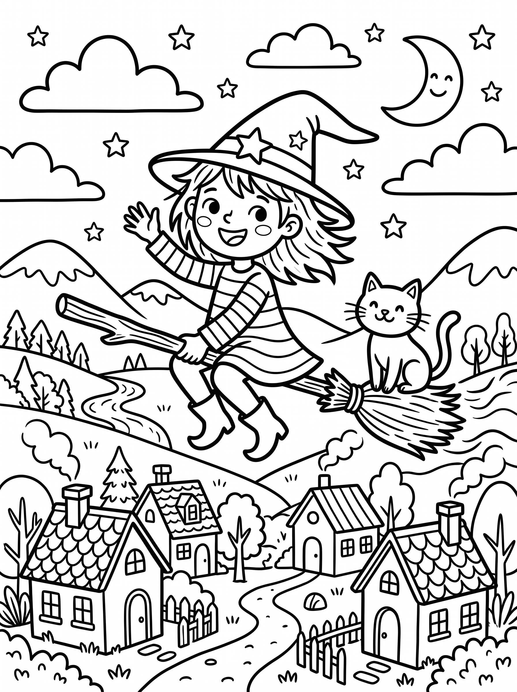 Little Witch on a Broom coloring page