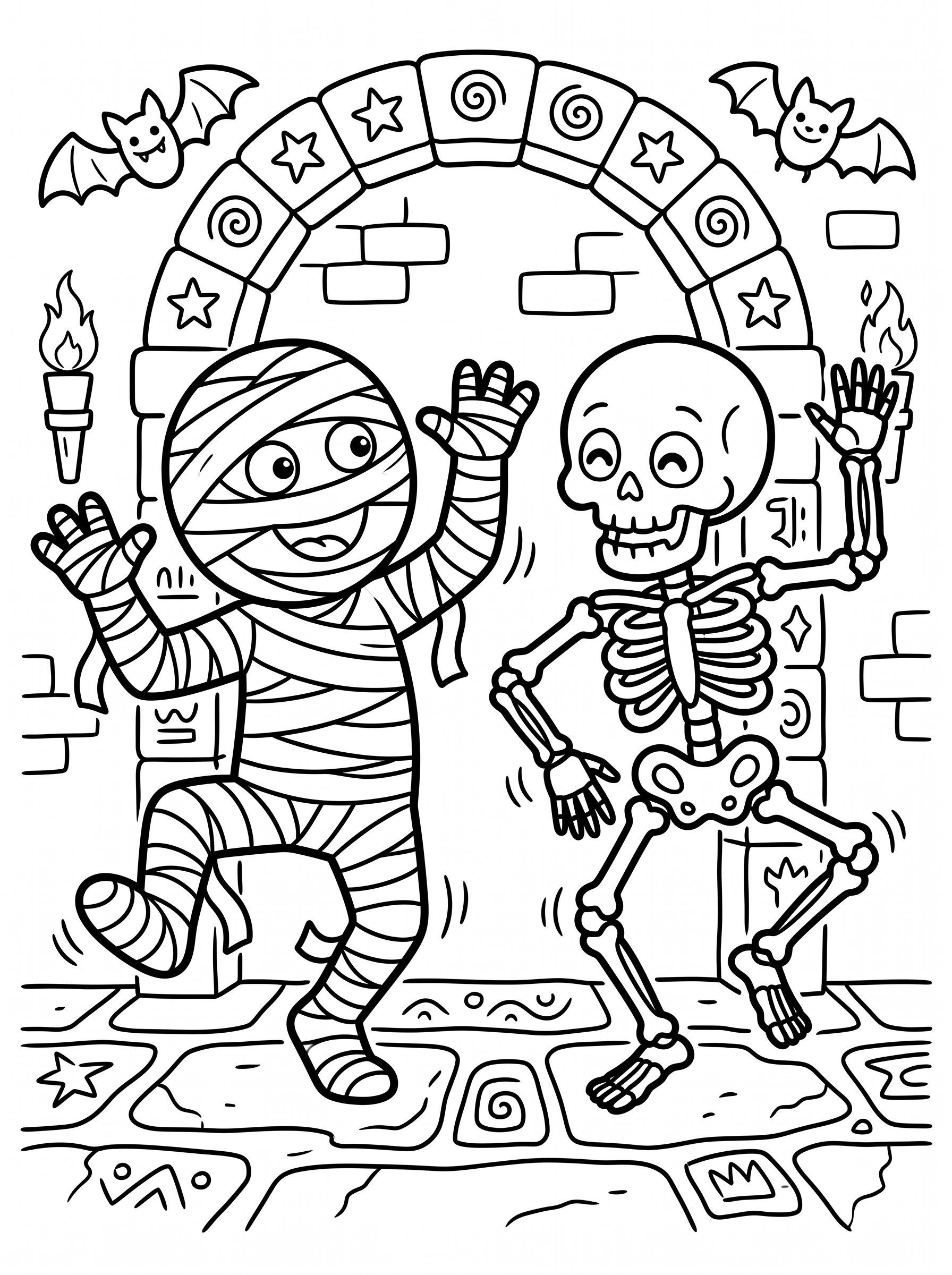 Mummy and Skeleton Dancing coloring page