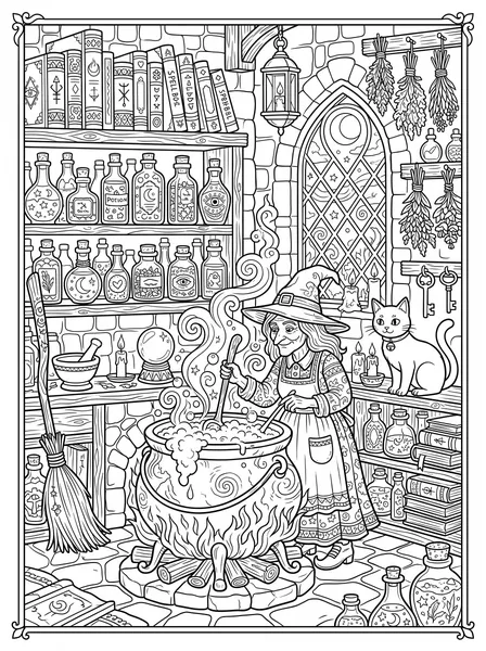 Witch's Potion Kitchen coloring page