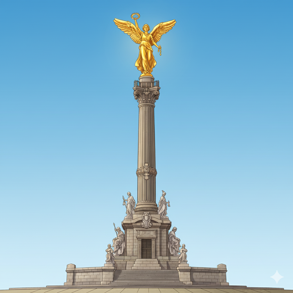 Ángel de la Independencia coloreado en dorado sobre un cielo azul