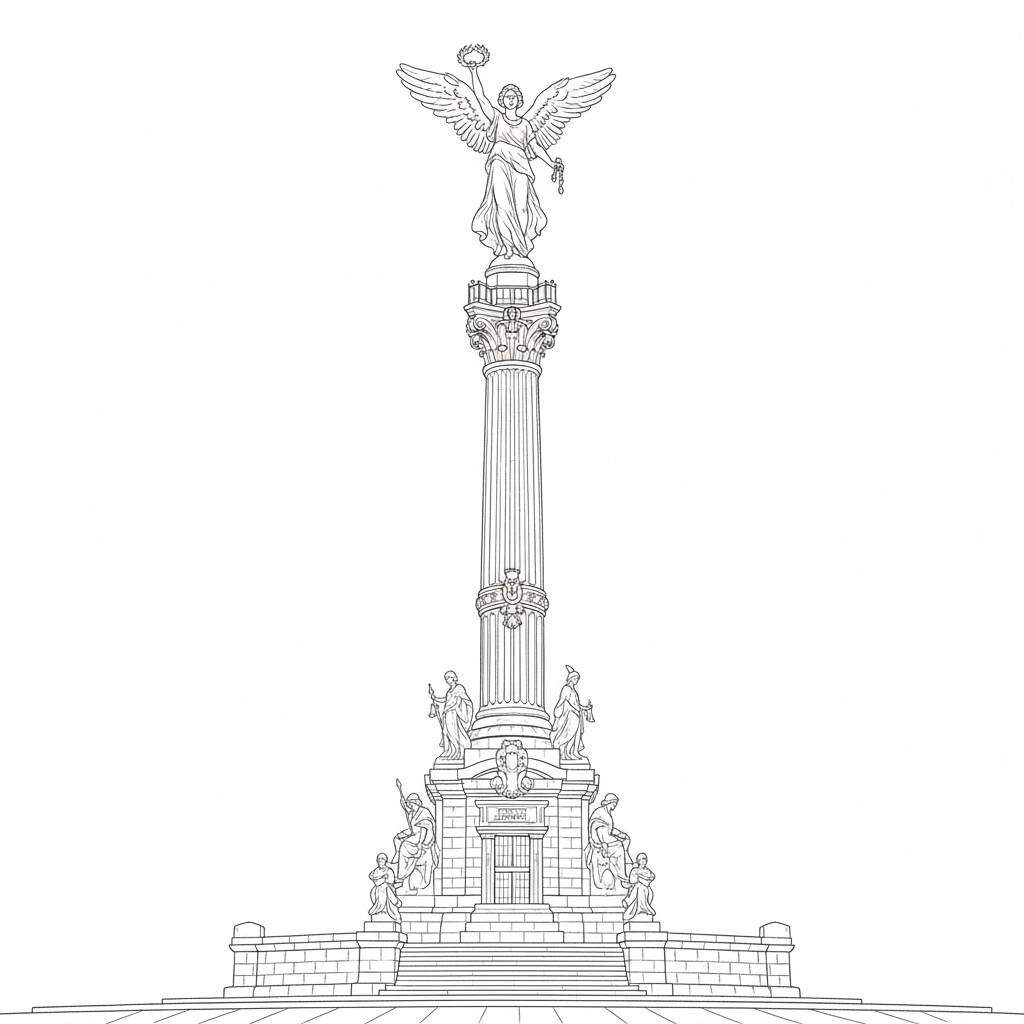 El Ángel de la Independencia con su columna detallada, para colorear