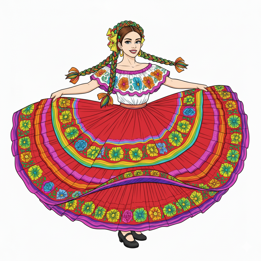 Bailarina folklórica coloreada con una falda de múltiples colores vibrantes