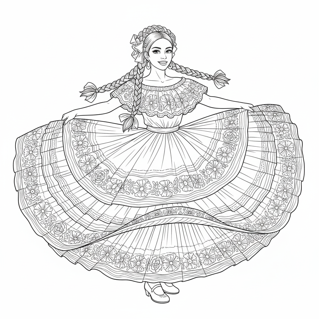 Bailarina folklórica con falda extendida llena de listones y patrones