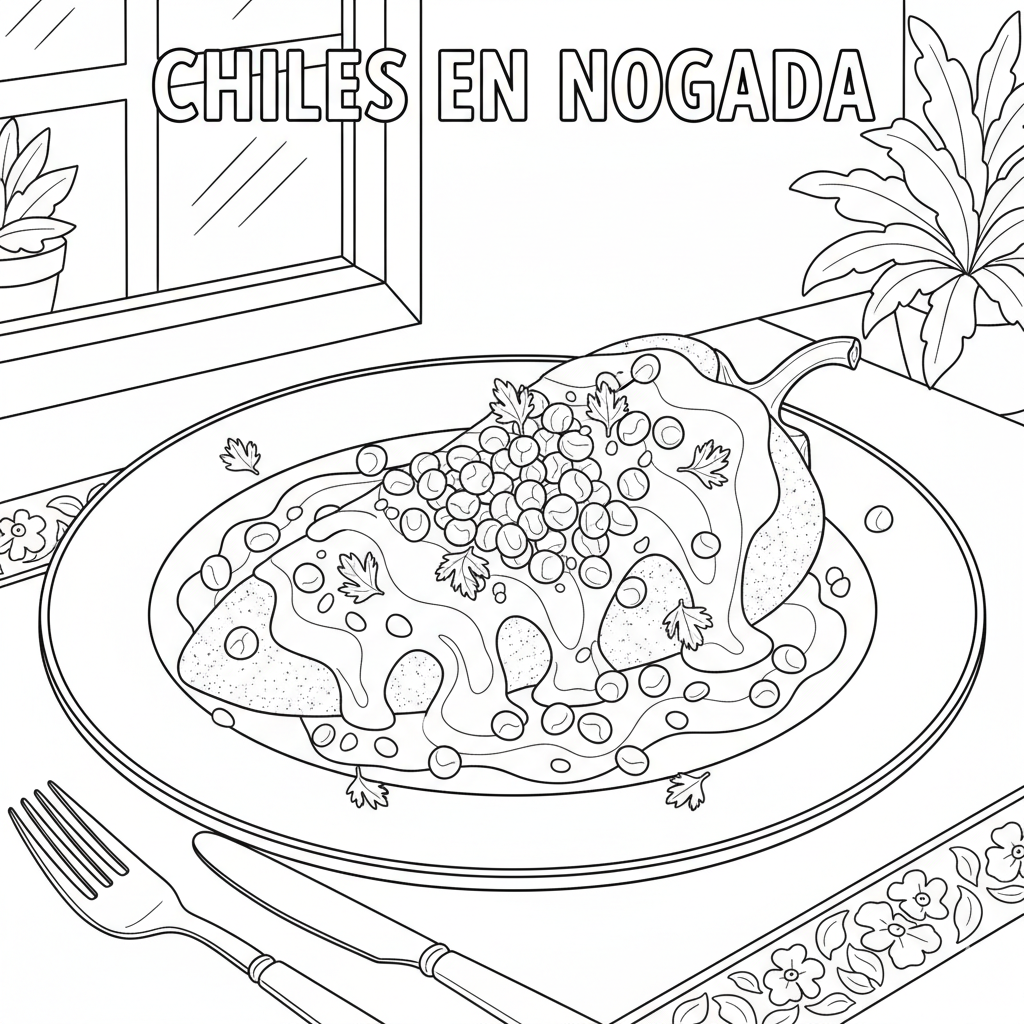 Plato de chiles en nogada con granada y perejil, para colorear
