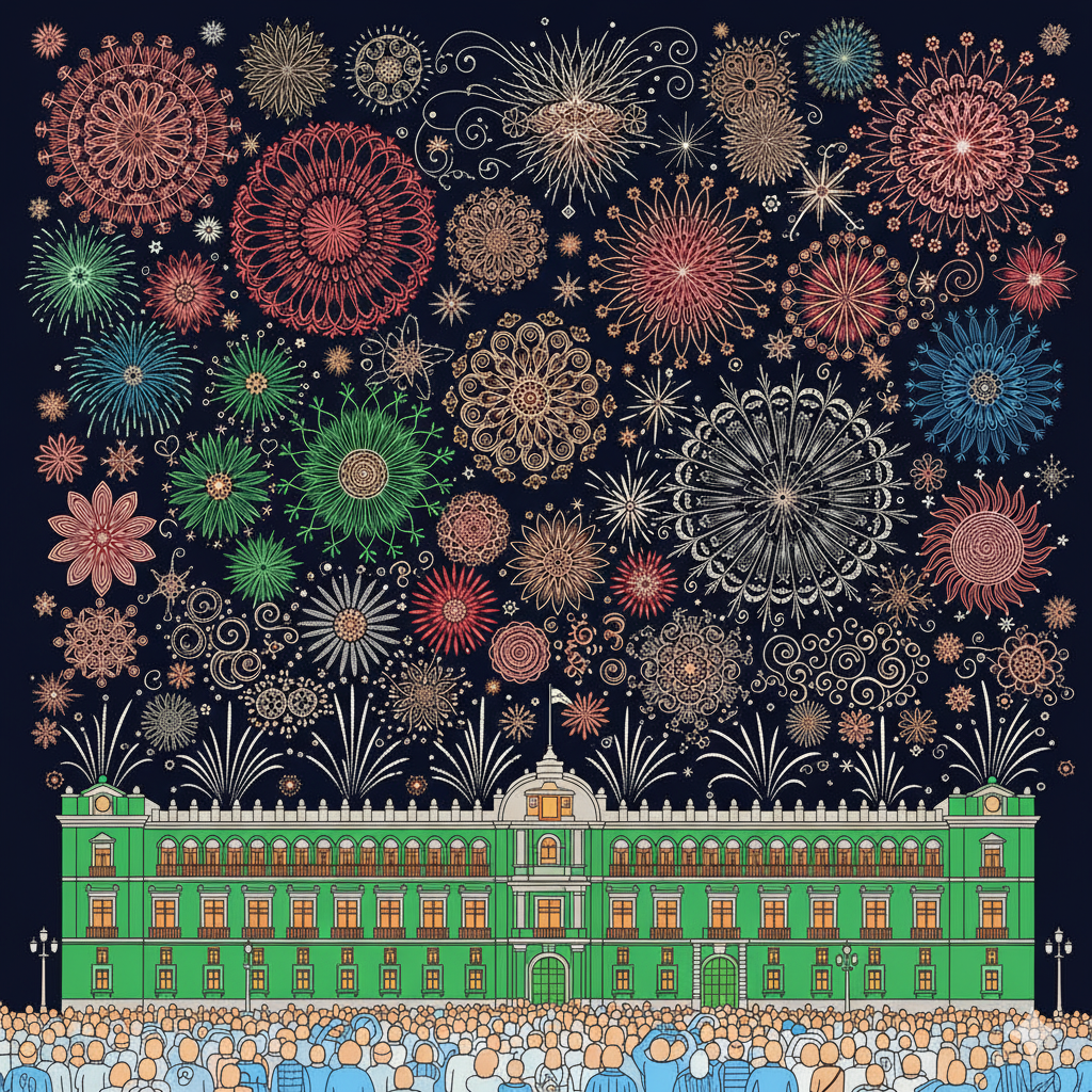 Zócalo de noche coloreado con luces patrias y fuegos artificiales brillantes