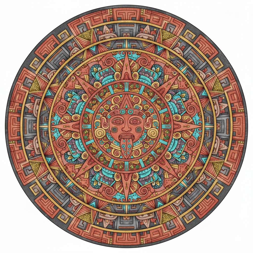 Mandala del Sol Azteca coloreado con tonos de piedra y detalles dorados