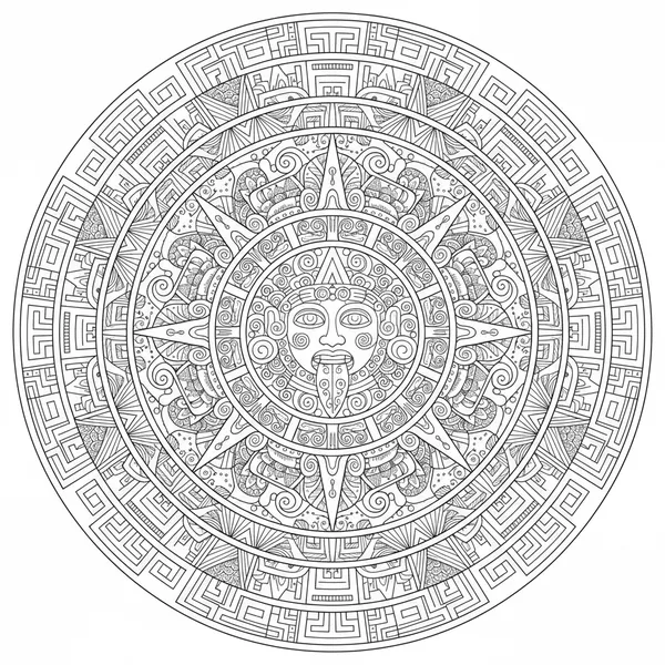 Circular mandala with intricate patterns inspired by the Aztec calendar