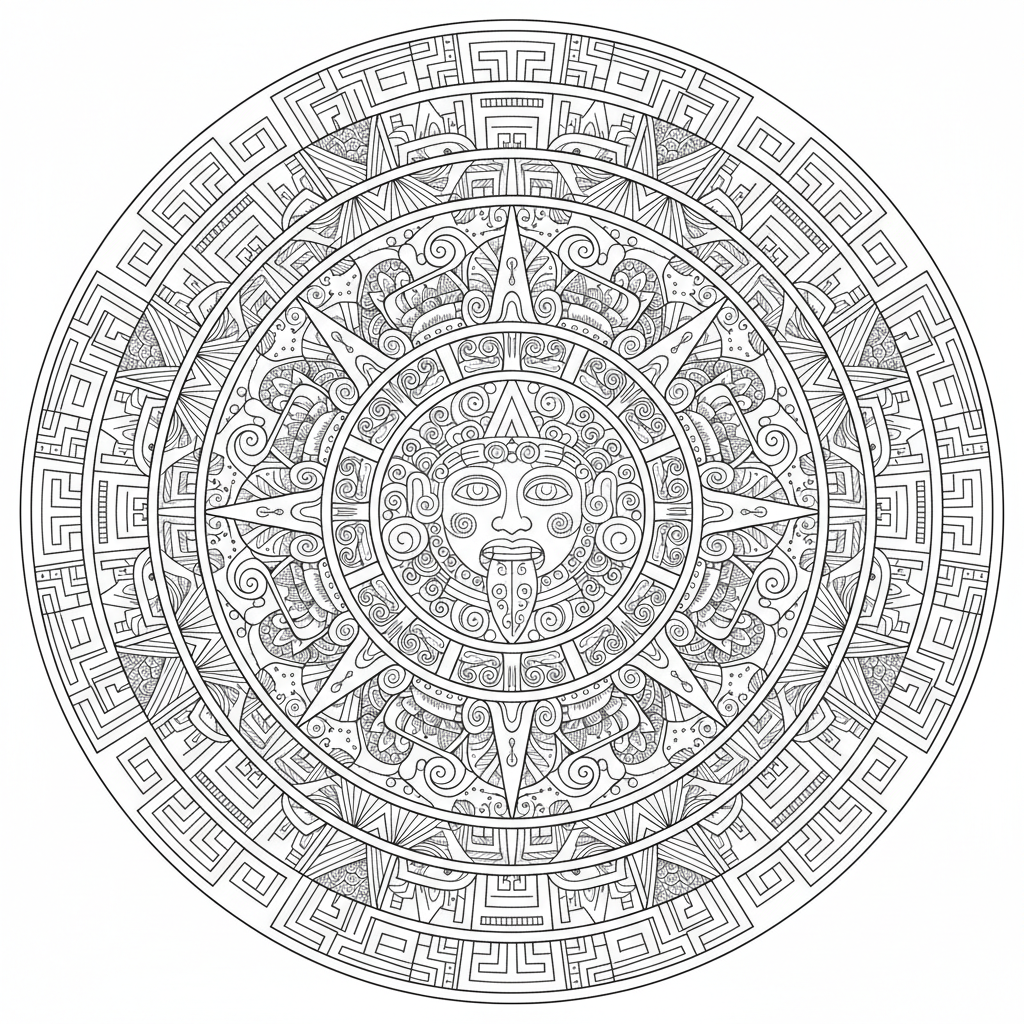 Mandala circular con patrones intrincados inspirados en el calendario azteca