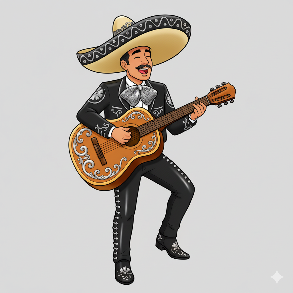 Mariachi coloreado con traje negro y detalles dorados
