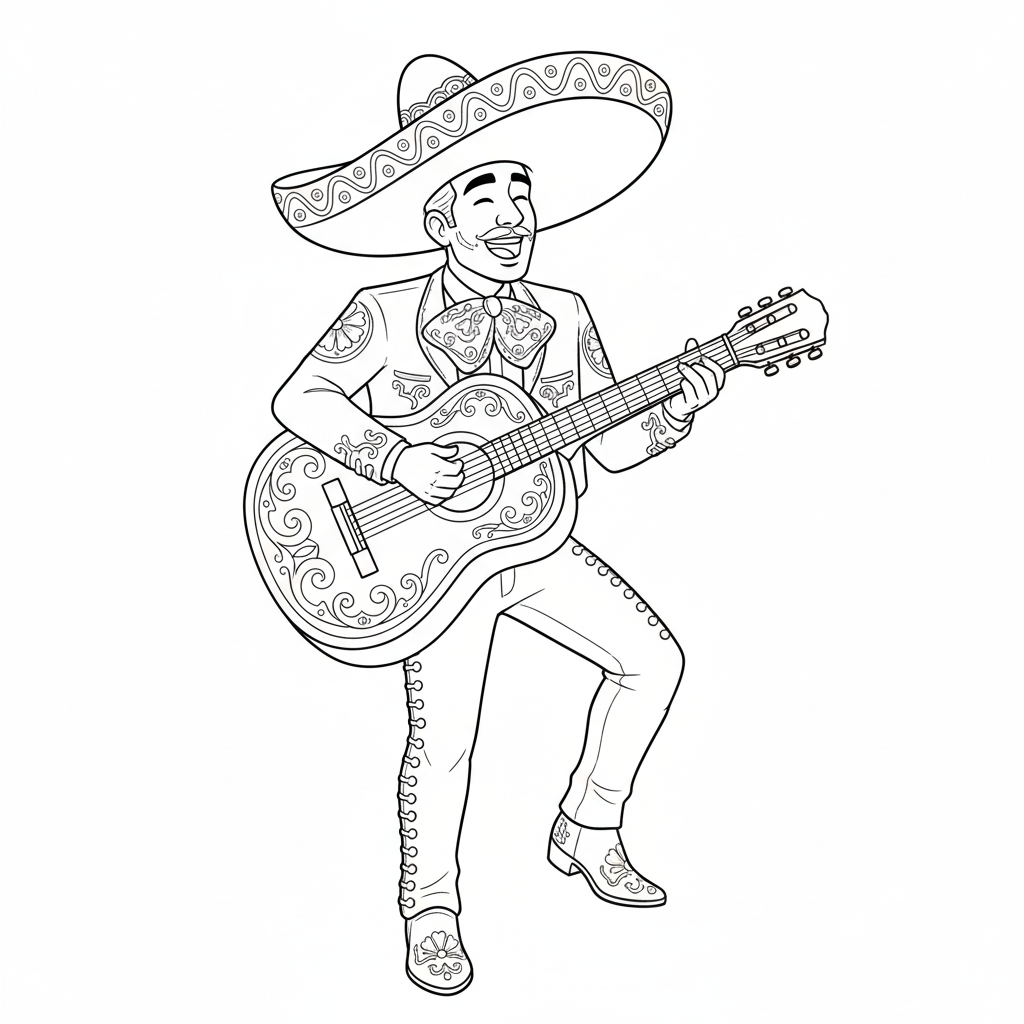 Mariachi con traje de charro y sombrero tocando una guitarra