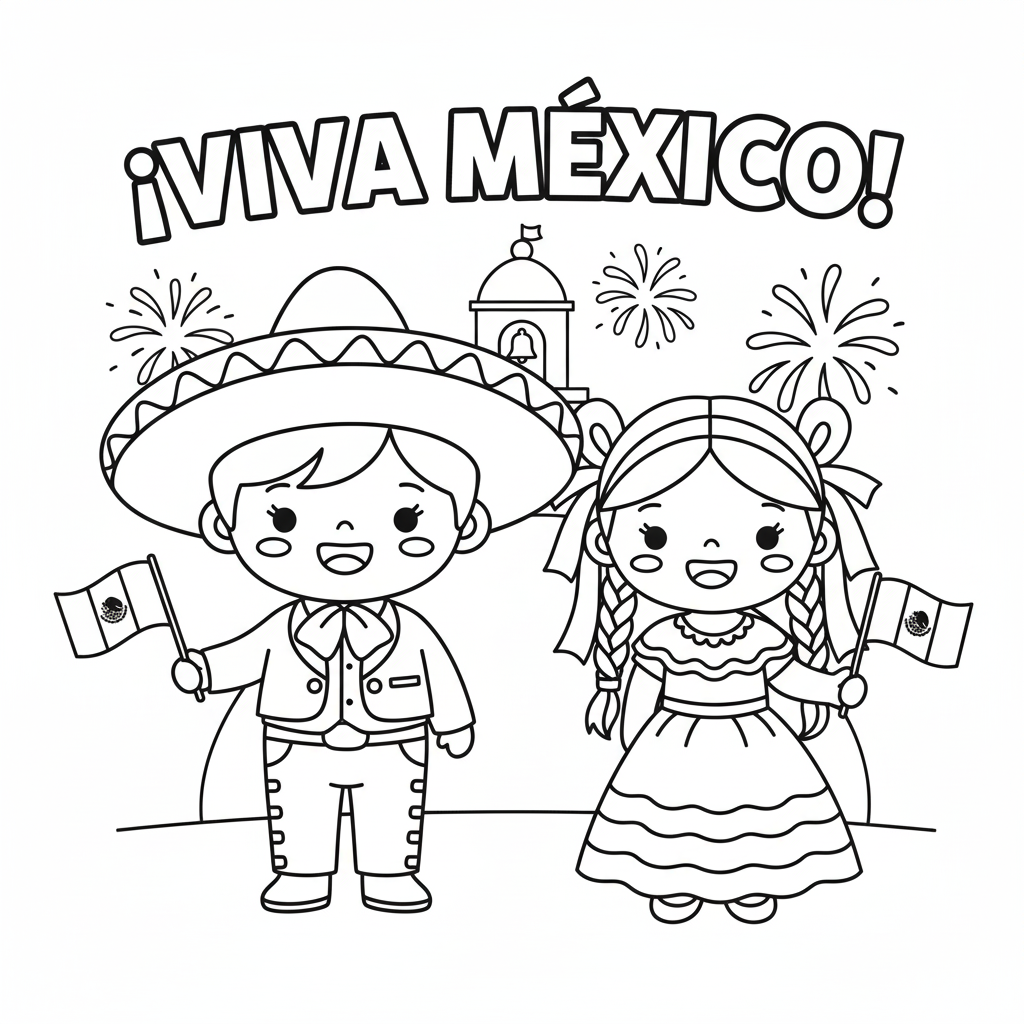 Niño charro y niña china poblana sonriendo, para colorear
