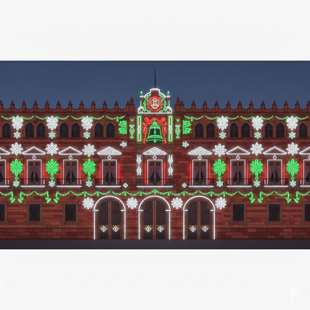 Palacio Nacional coloreado con luces de noche verdes, blancas y rojas