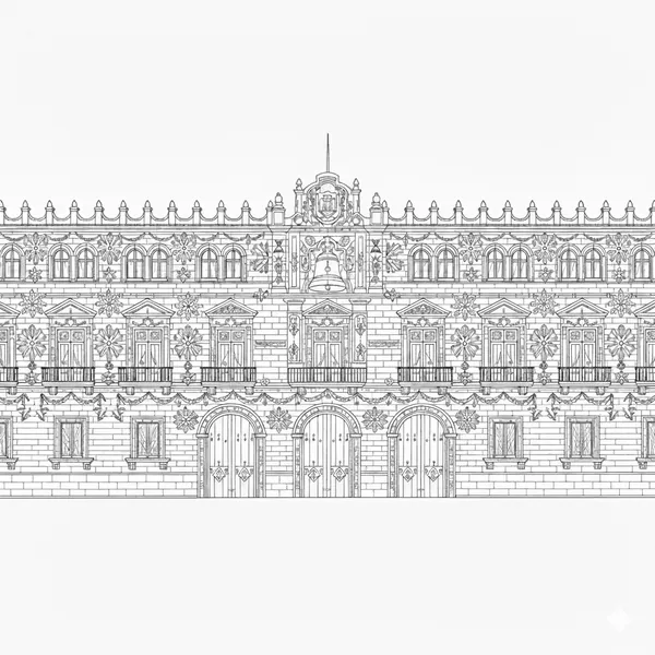 Facade of the National Palace with large patriotic decorations, to color