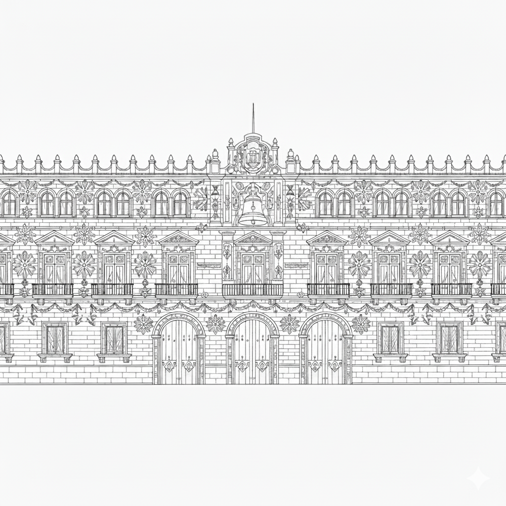 Fachada del Palacio Nacional con grandes adornos patrios para colorear