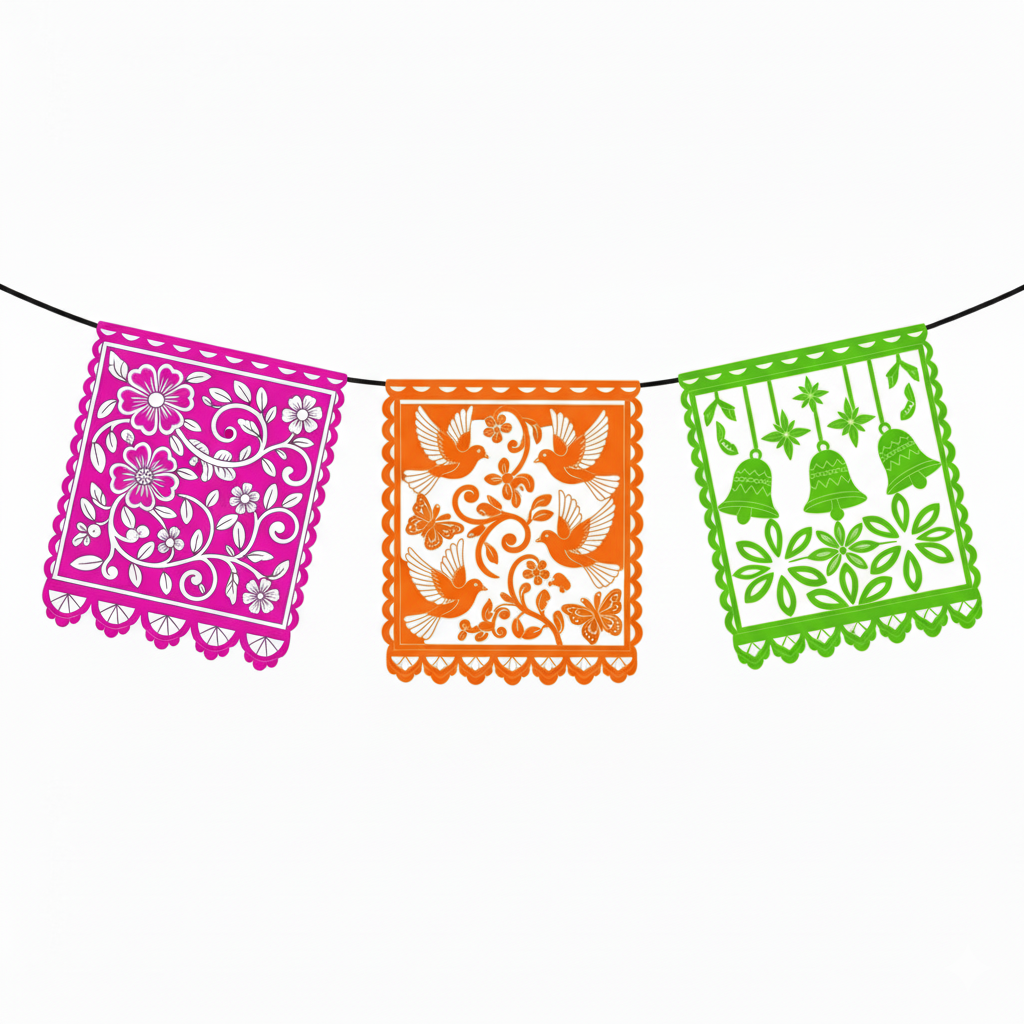 Papel picado coloreado con una explosión de colores brillantes
