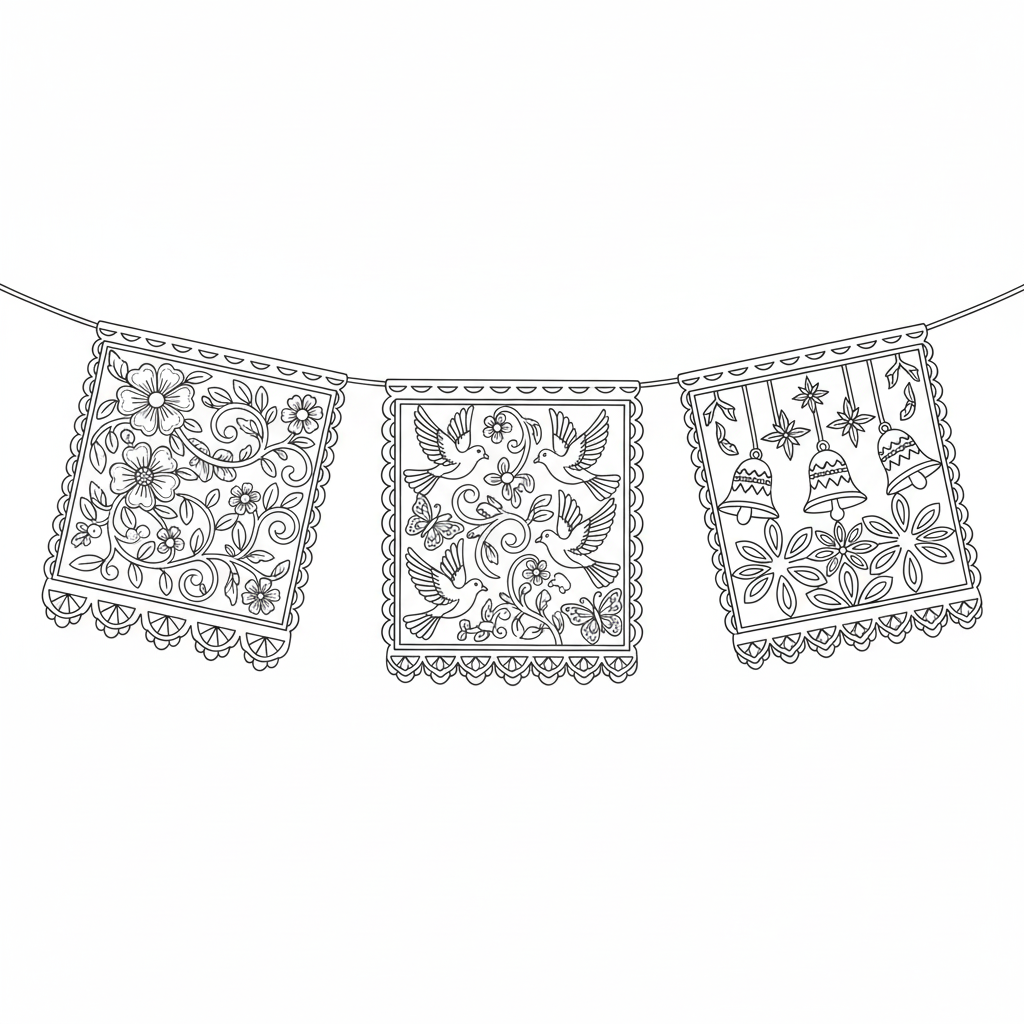 Guirnalda de papel picado con diseños intrincados para colorear