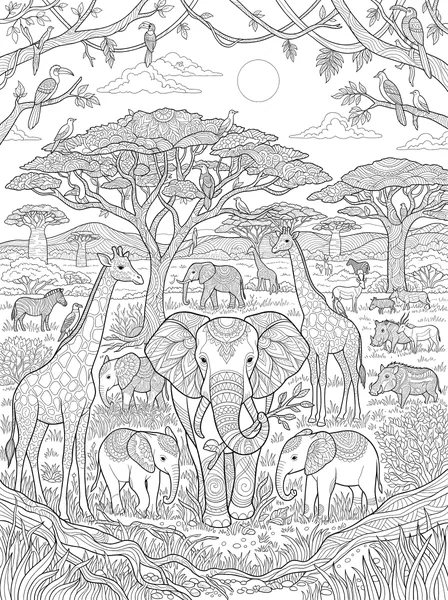 Elephants and Giraffes on the Savanna coloring page