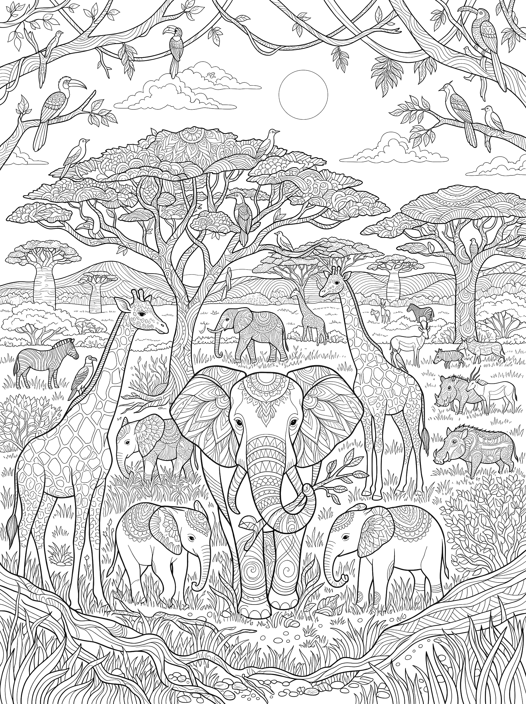 Elephants and Giraffes on the Savanna coloring page