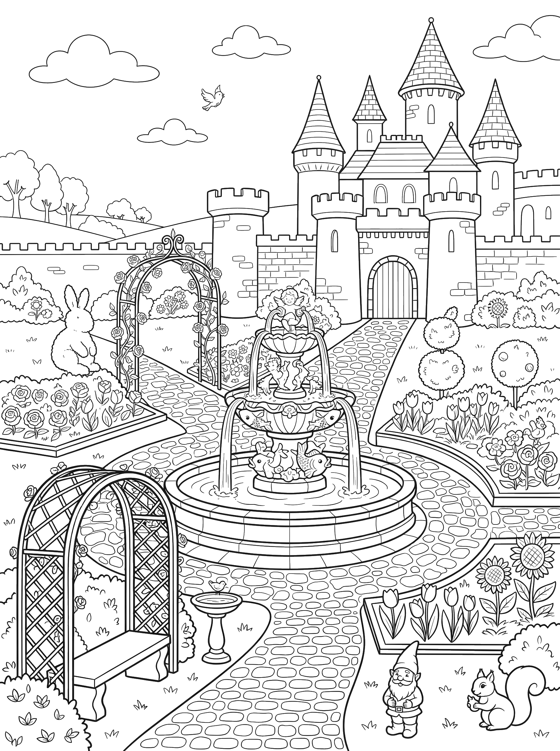 Castle Garden Fountain coloring page