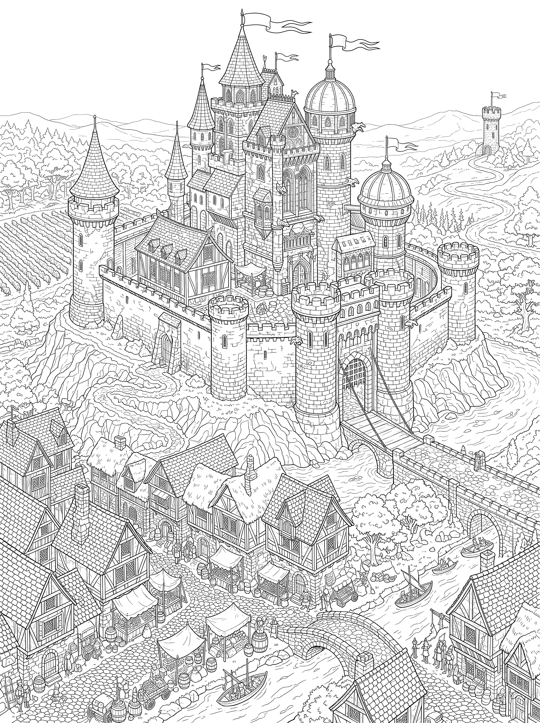 Grand Castle with Banners coloring page
