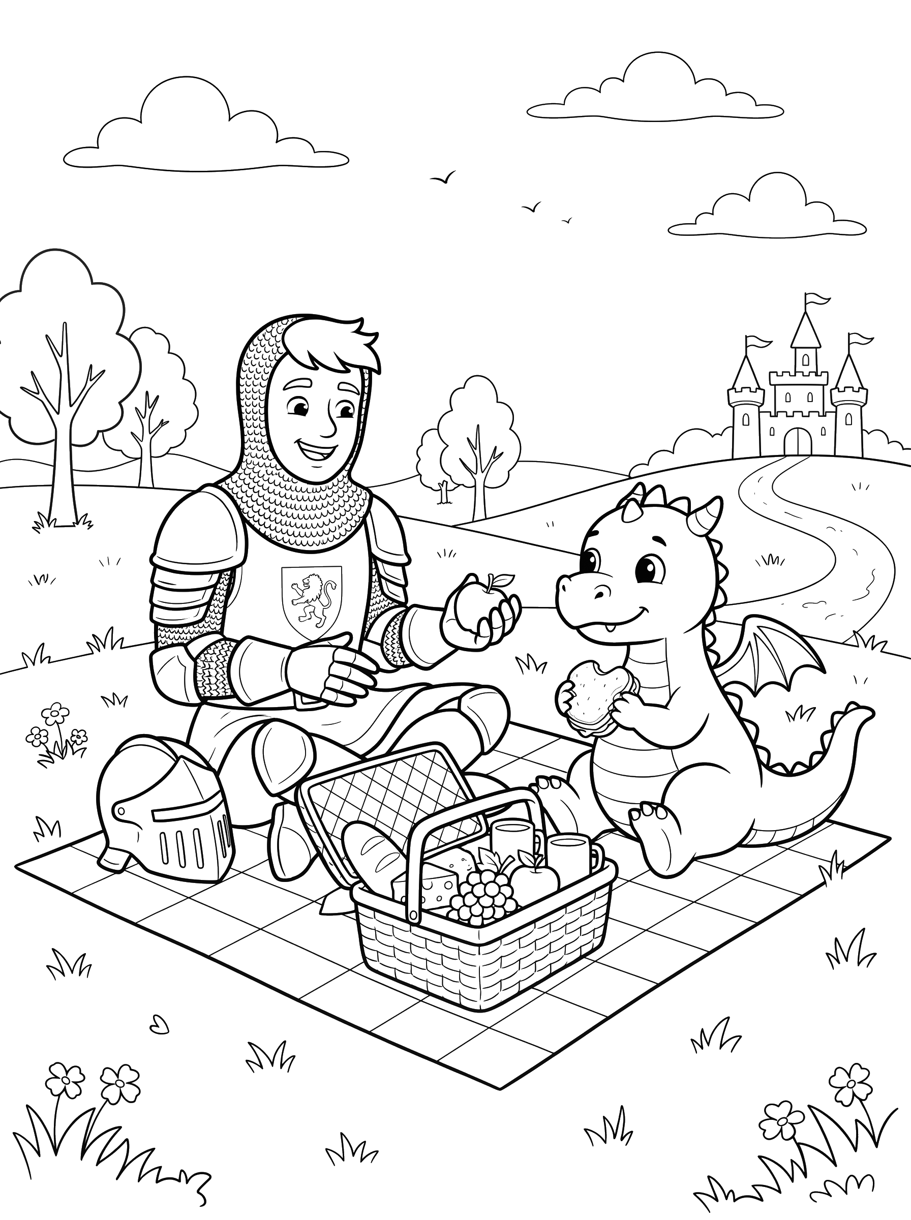 Knight and Dragon Picnic coloring page