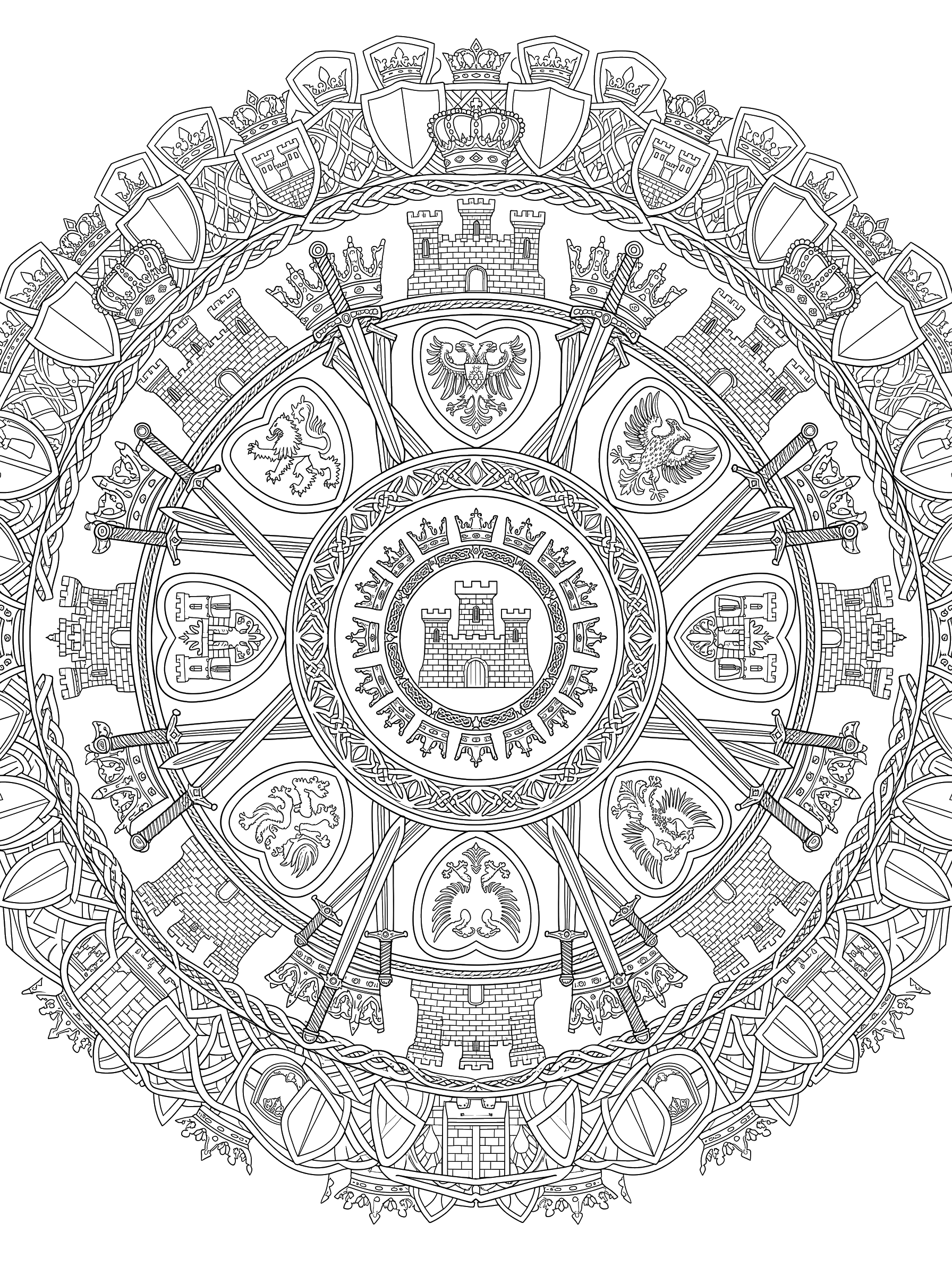 Knights and Castles Mandala coloring page