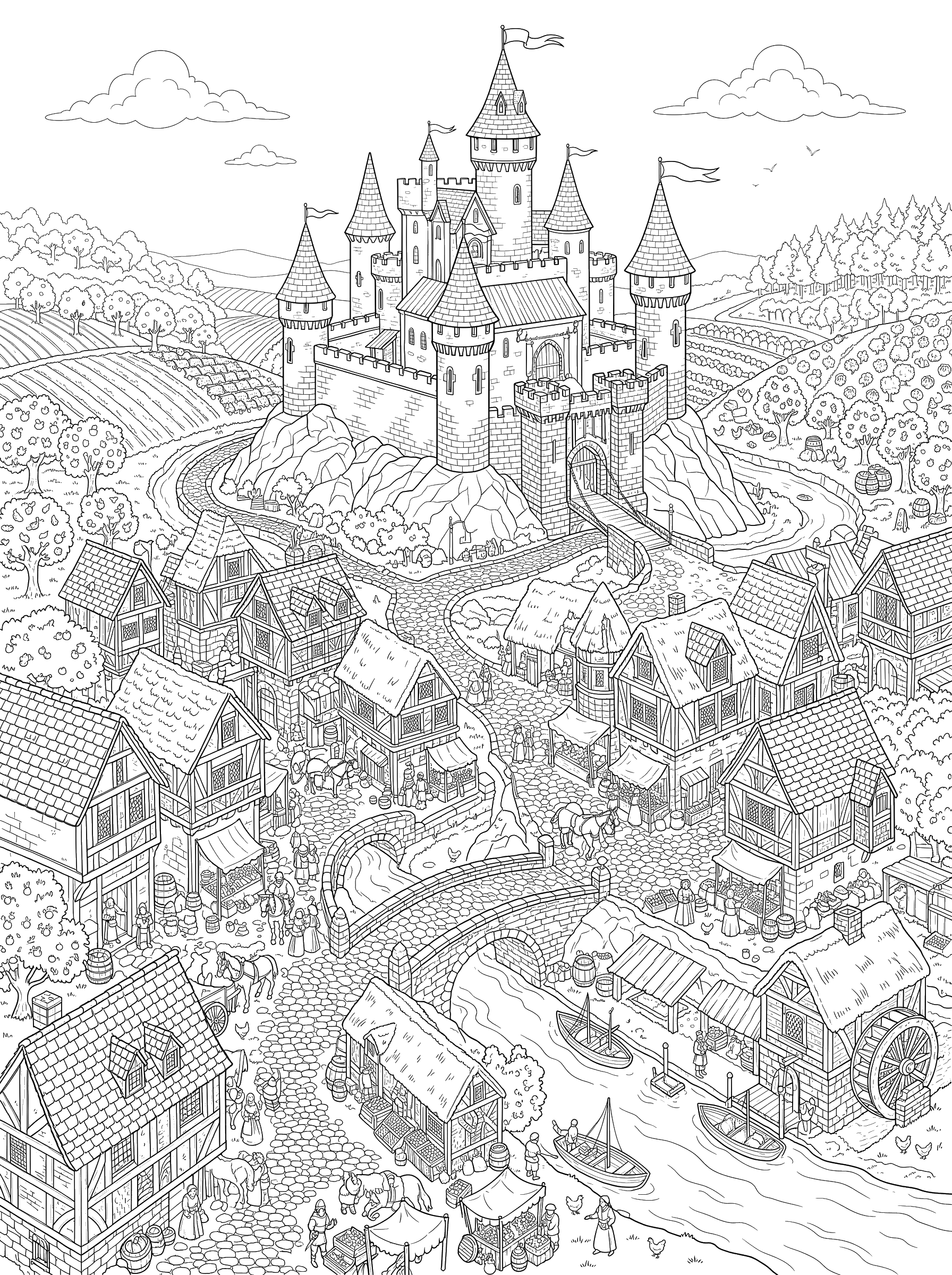 Medieval Village and Castle coloring page