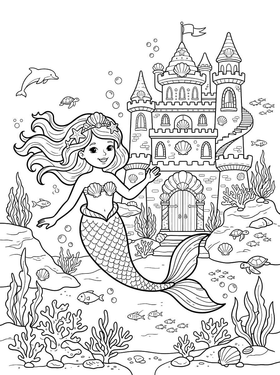 Mermaid and the Underwater Castle coloring page