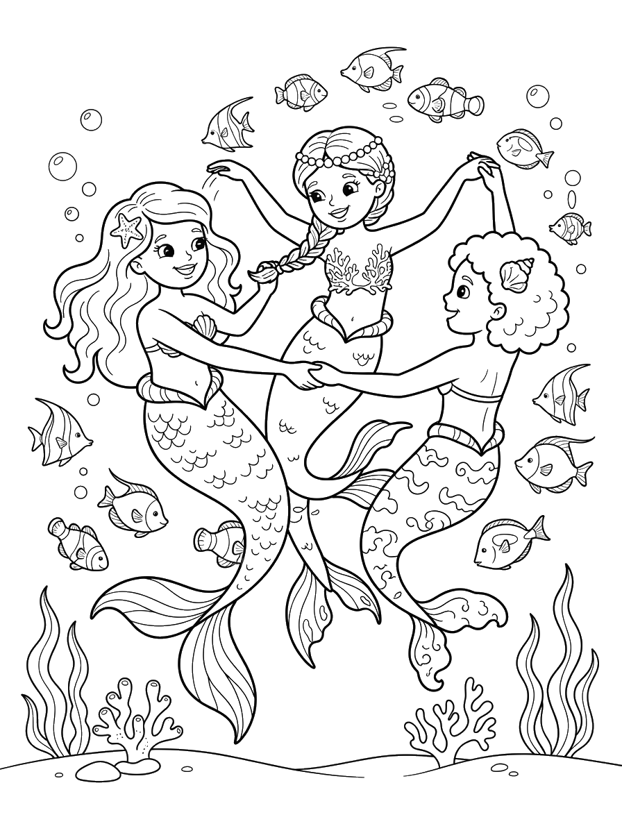 Mermaid Friends Dancing coloring page